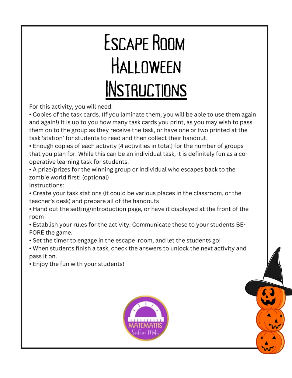 Teacher instructions: materials (task cards, 4 activities, optional prize) and steps for stations, rules and timer