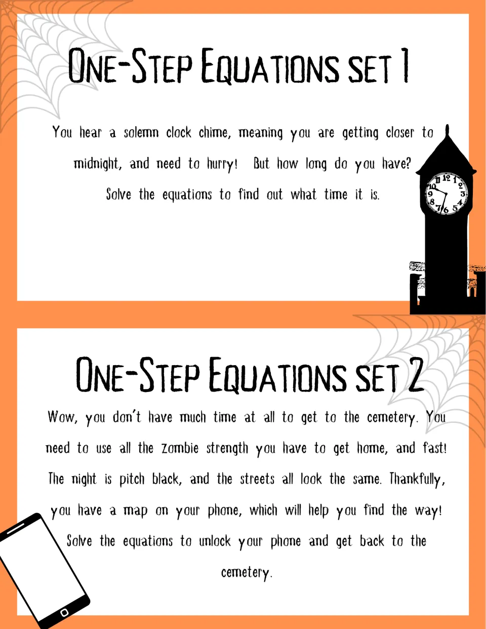One-step equations task cards, sets 1 and 2: clues ask students to solve equations to find the time and unlock a phone