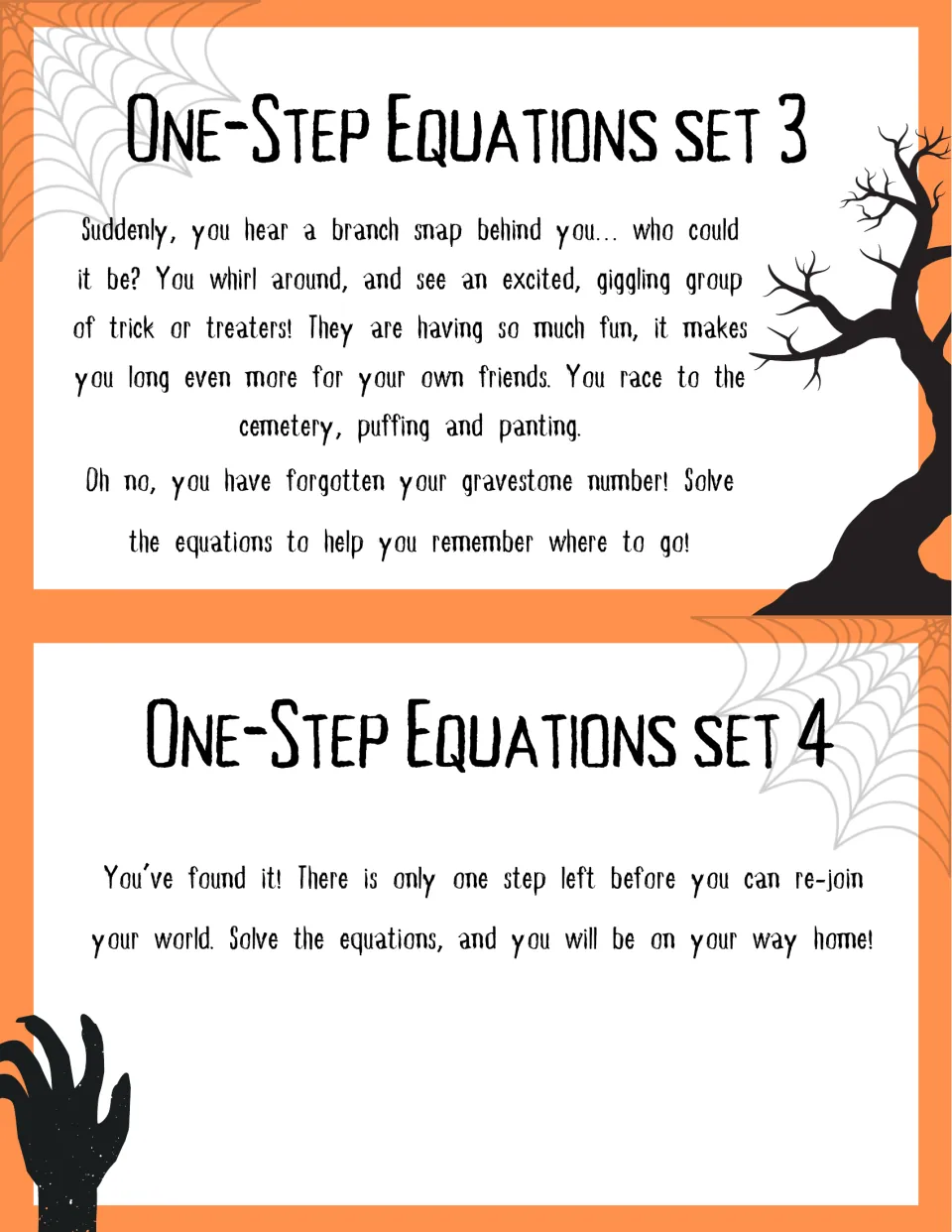 One-step equations task cards, sets 3 and 4: story clues about trick-or-treaters and a forgotten gravestone number