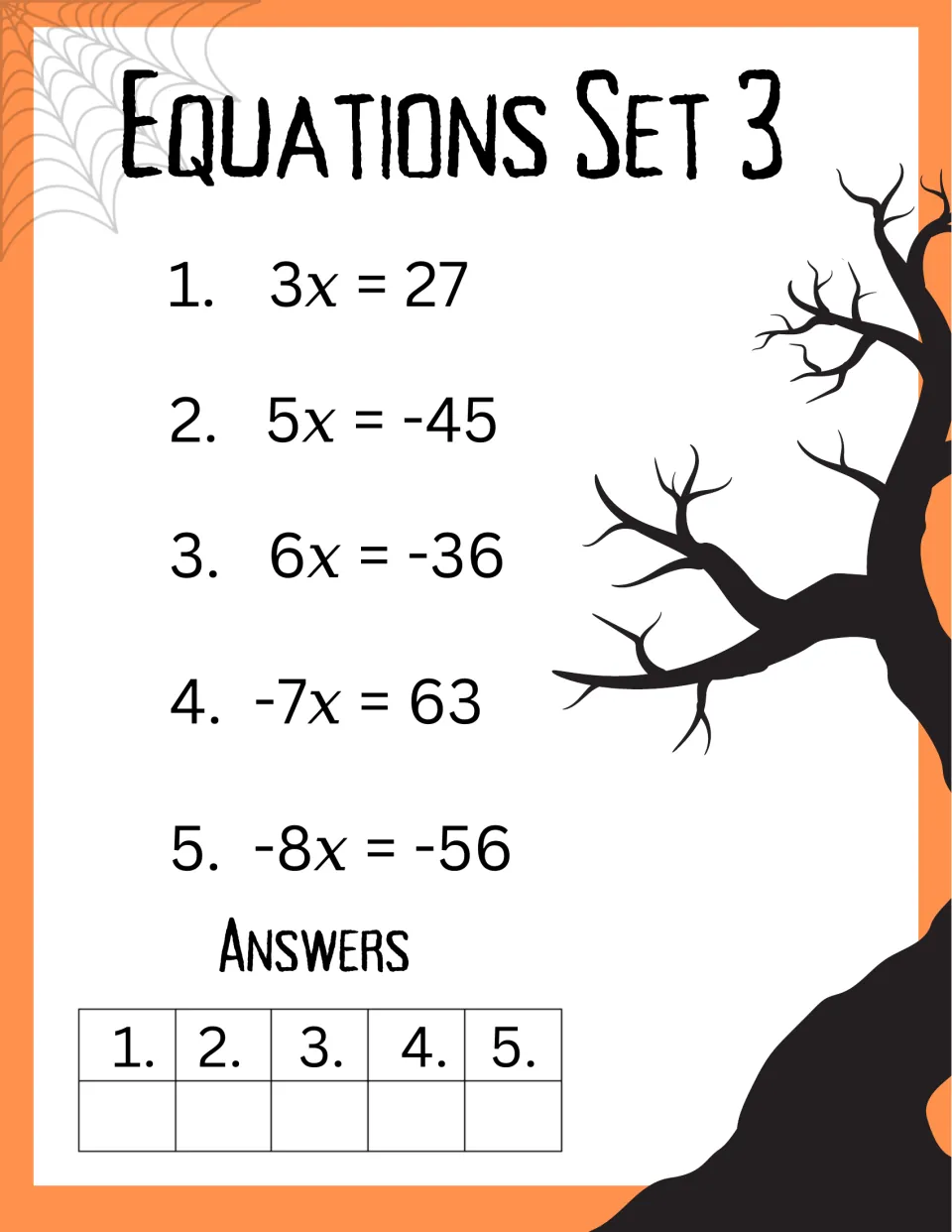Equations Set 3: students solve five one-step multiplication equations with negatives, from 3x=27 to -8x=-56