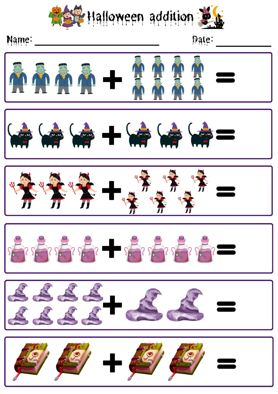 Halloween picture addition: students count and add groups of monsters, cats, devils, potions, witch hats and spell books