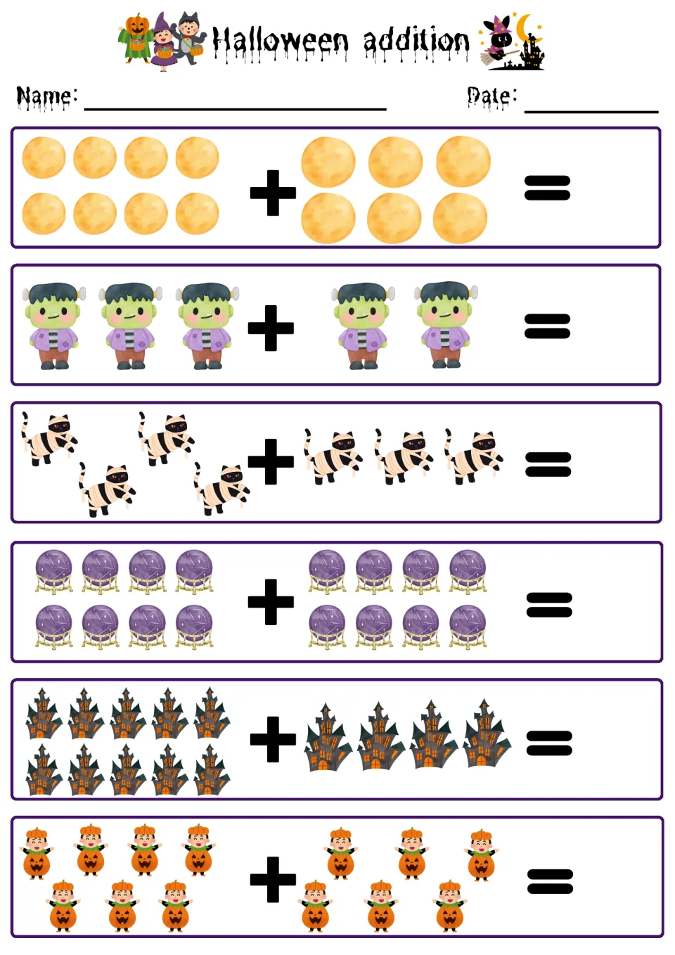Picture addition: students add moons, Frankenstein kids, mummy cats, crystal balls, haunted houses and pumpkin kids