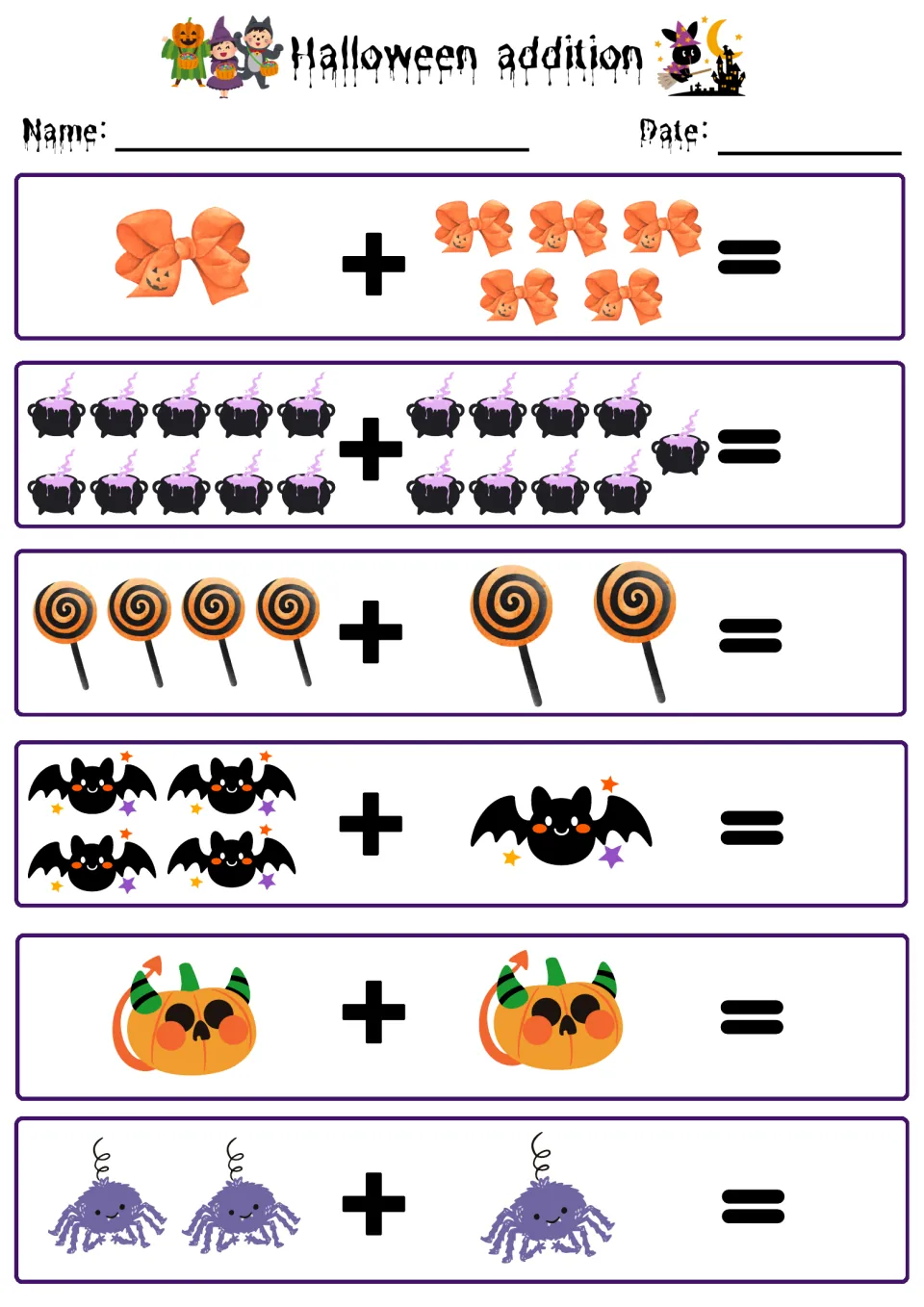 Adding sets of Halloween objects: students total bows, cauldrons, lollipops, bats, jack-o'-lanterns and spiders