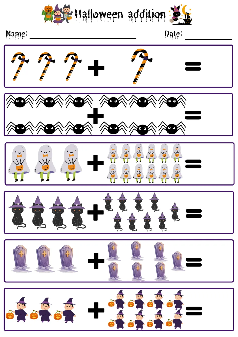 Spooky counting sums: students add candy canes, spiders, ghosts, witch cats, gravestones and witch children