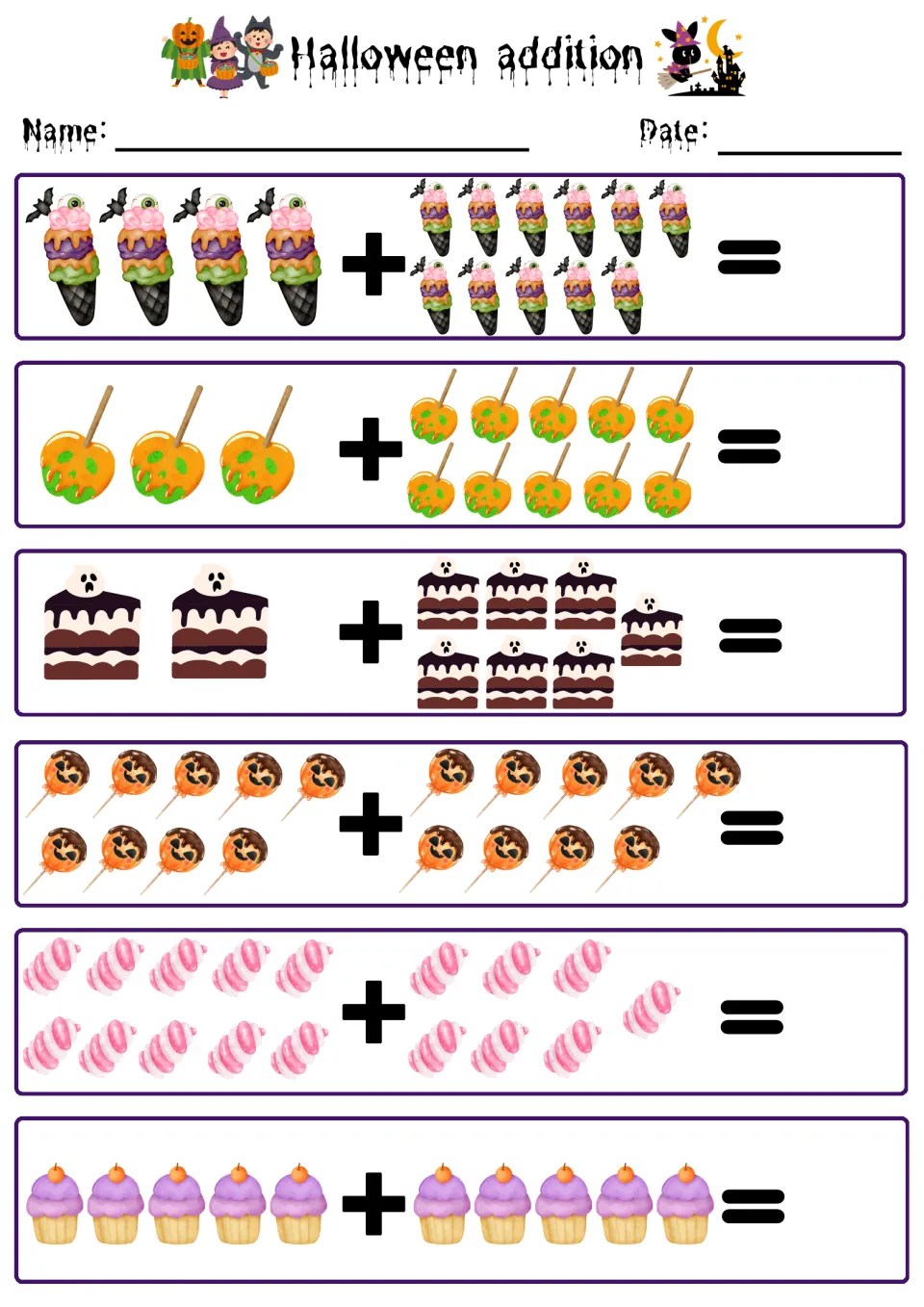 Halloween treats addition: students combine ice cream cones, candy apples, cakes, lollipops, candies and cupcakes