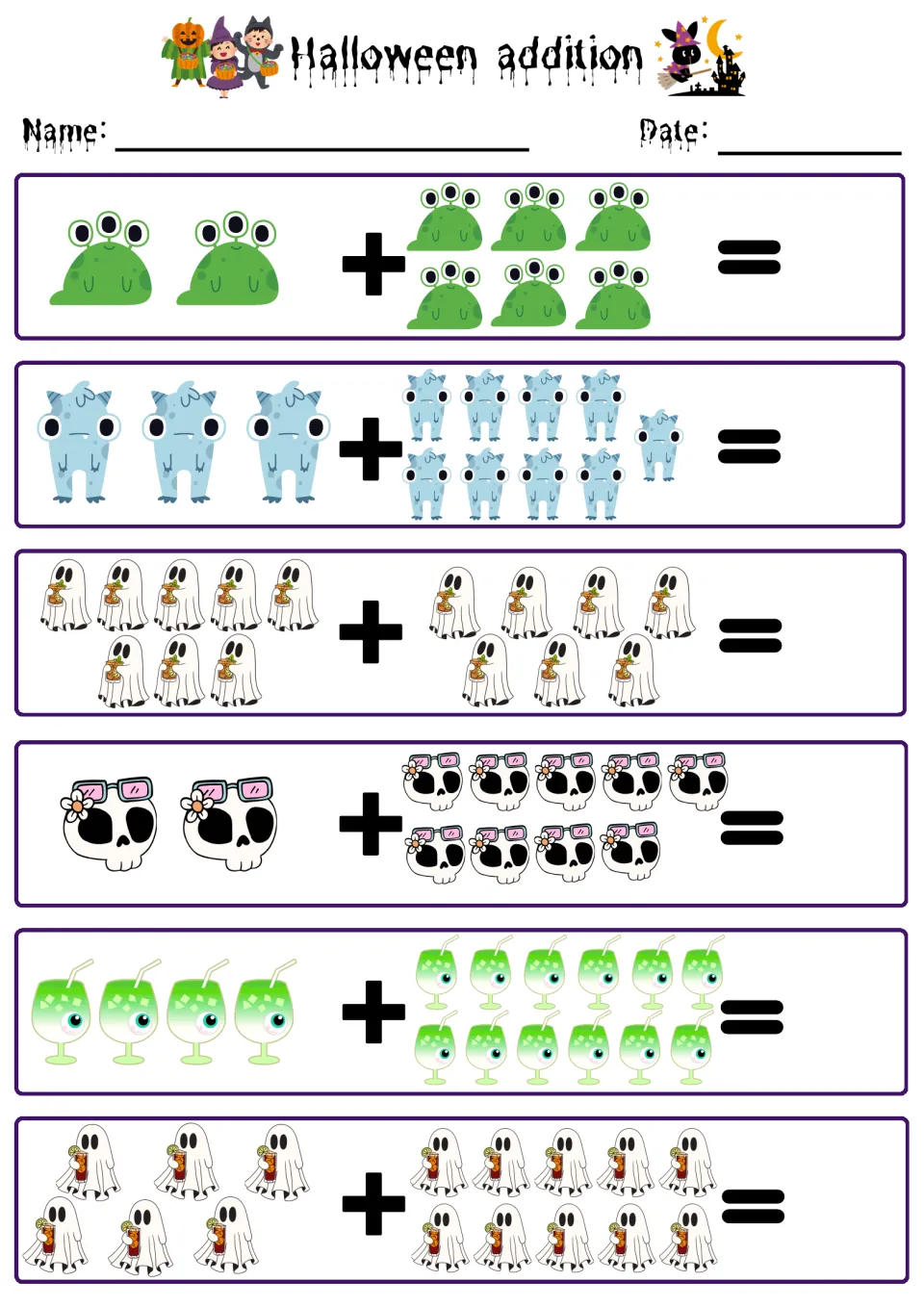 Monster math: students count and add groups of green blobs, blue monsters, ghosts, skulls in glasses and green drinks