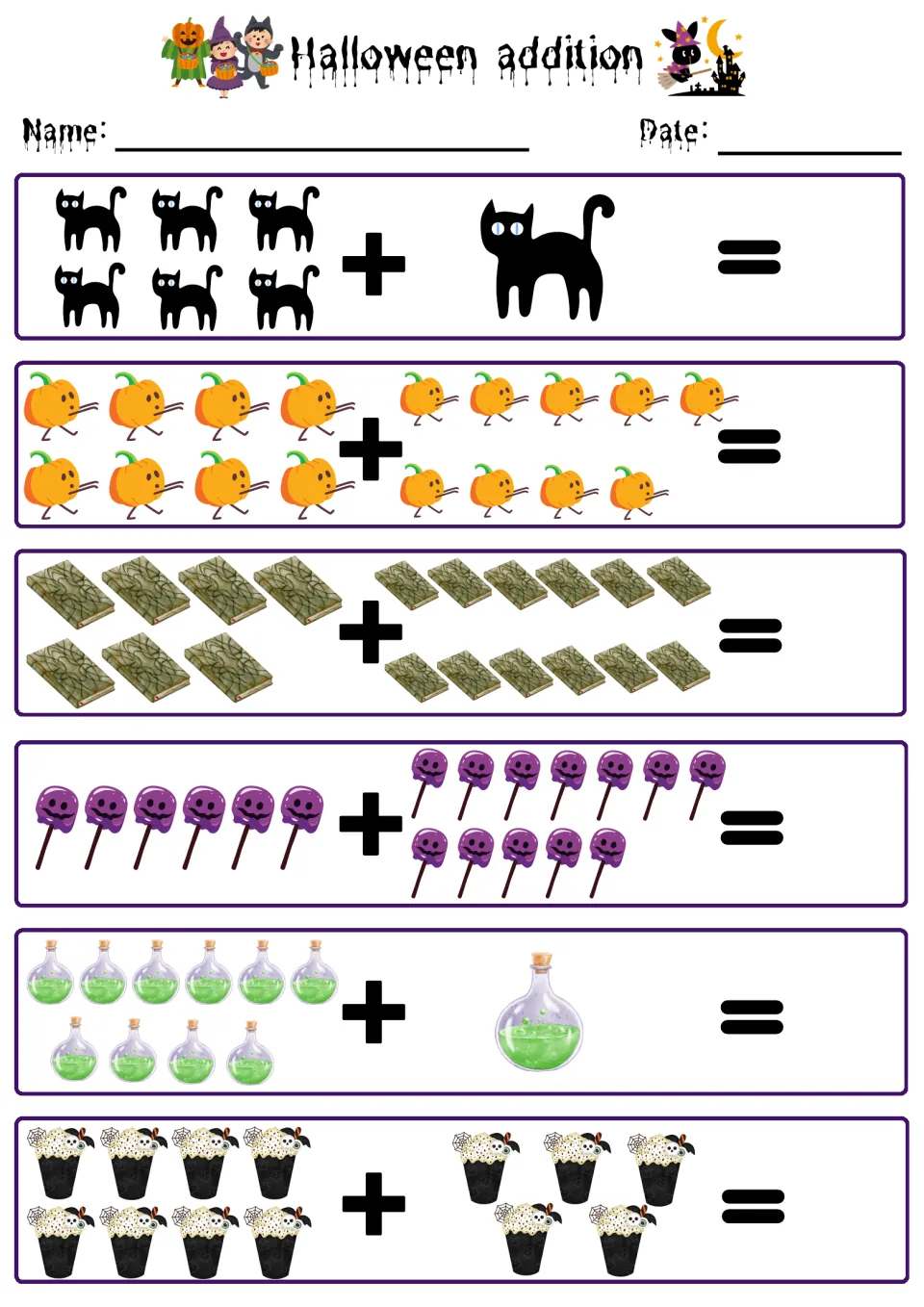 Two-group picture sums: students add black cats, pumpkins, spell books, purple pops, green potions and popcorn buckets