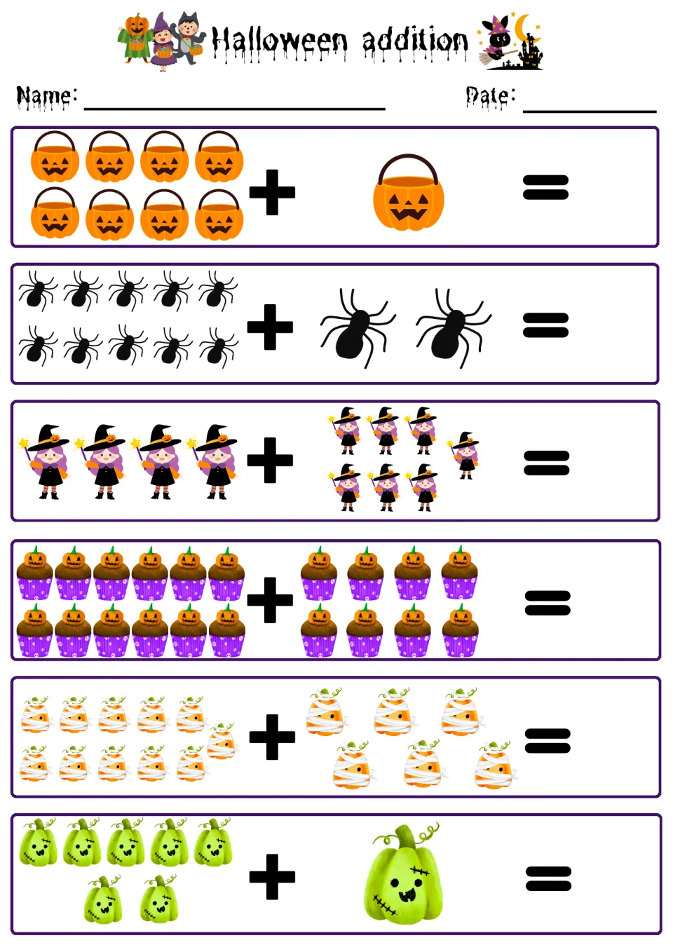 Adding pairs of groups: students total jack-o'-lantern pails, spiders, witch girls, pumpkin cupcakes, mummies and squash