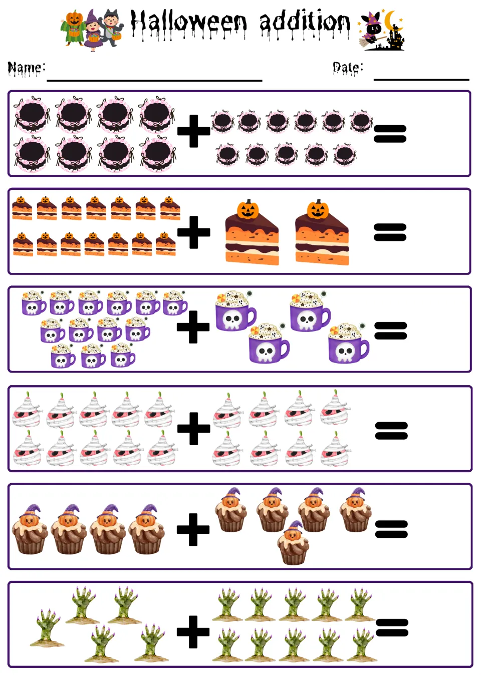 Mixed sums: students add lace wreaths, cake slices, skull mugs, mummy sweets, witch-hat cupcakes and zombie hands