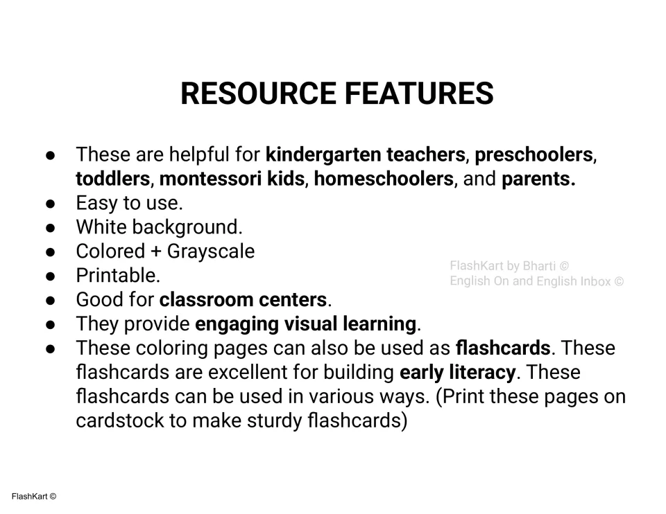Resource features list: colored and grayscale printable letter pages that can be printed on cardstock as flashcards