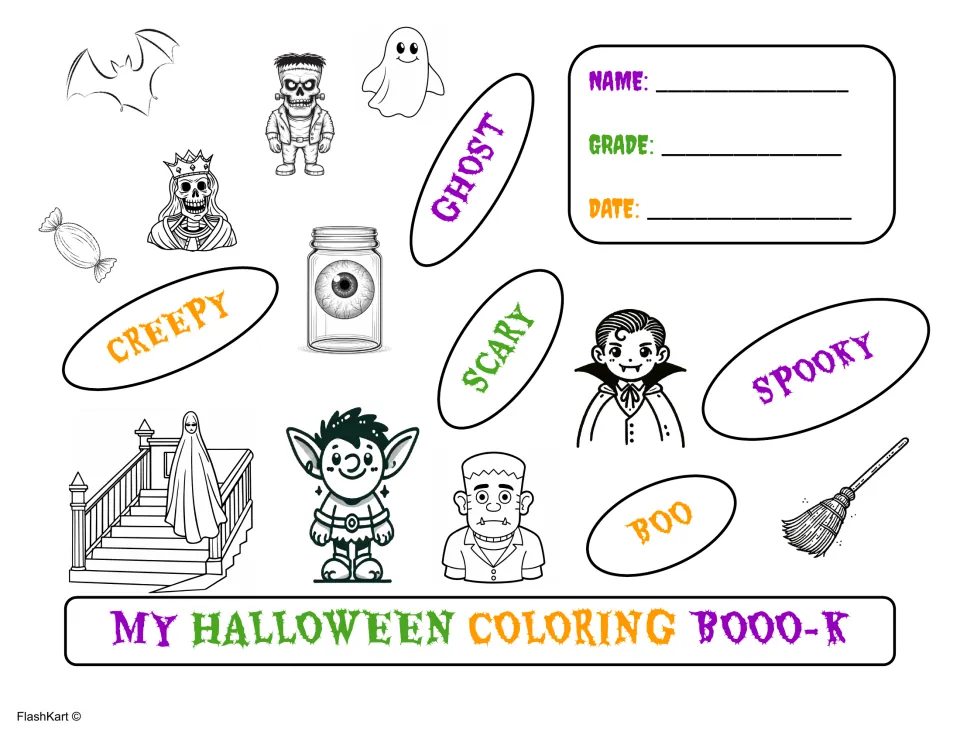 My Halloween Coloring Booo-k cover with name, grade and date fields plus bat, ghost, vampire and words Spooky, Creepy, Boo
