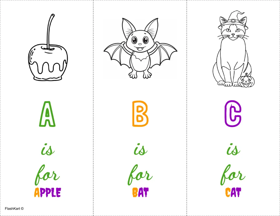 Uppercase A, B, C coloring cards: A is for apple, B is for bat, C is for cat, each letter beside a Halloween drawing