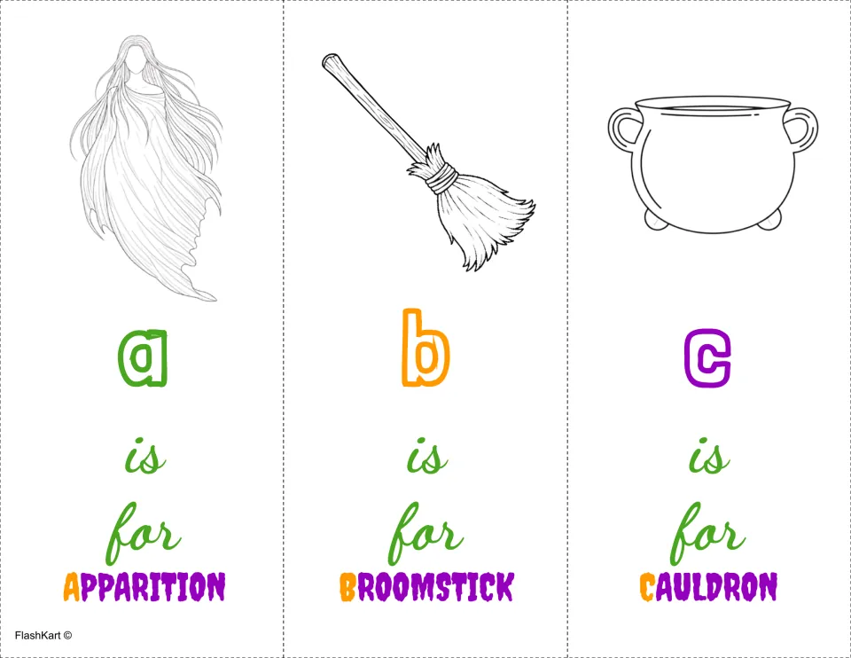 Lowercase a, b, c coloring cards: a is for apparition, b is for broomstick, c is for cauldron, with drawings to color
