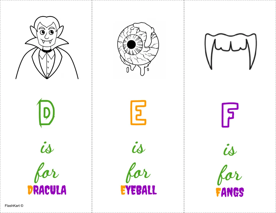 Uppercase D, E, F coloring cards: D is for Dracula, E is for eyeball, F is for fangs, each with an outlined letter