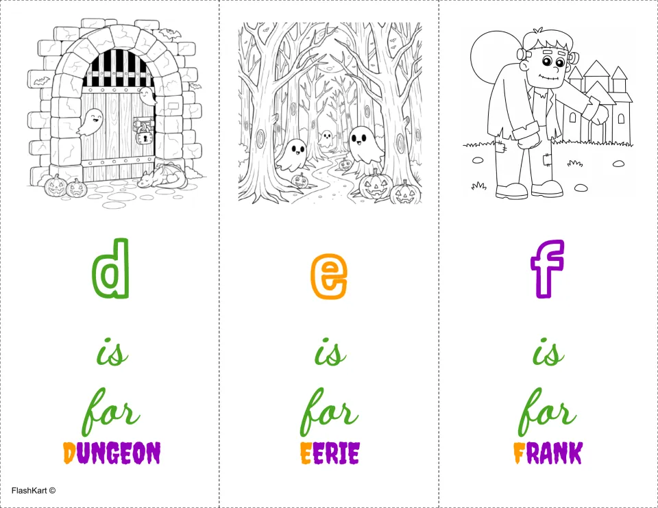 Lowercase d, e, f coloring cards: d is for dungeon, e is for eerie woods with ghosts, f is for Frank the monster