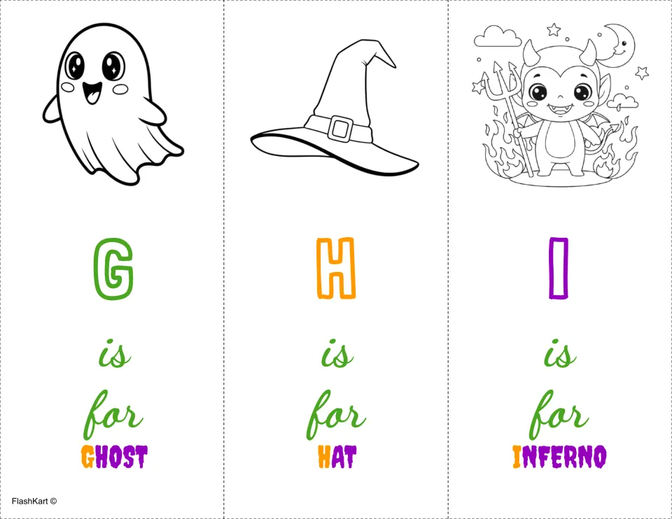 Uppercase G, H, I coloring cards: G is for ghost, H is for hat, I is for inferno, each letter beside a drawing to color