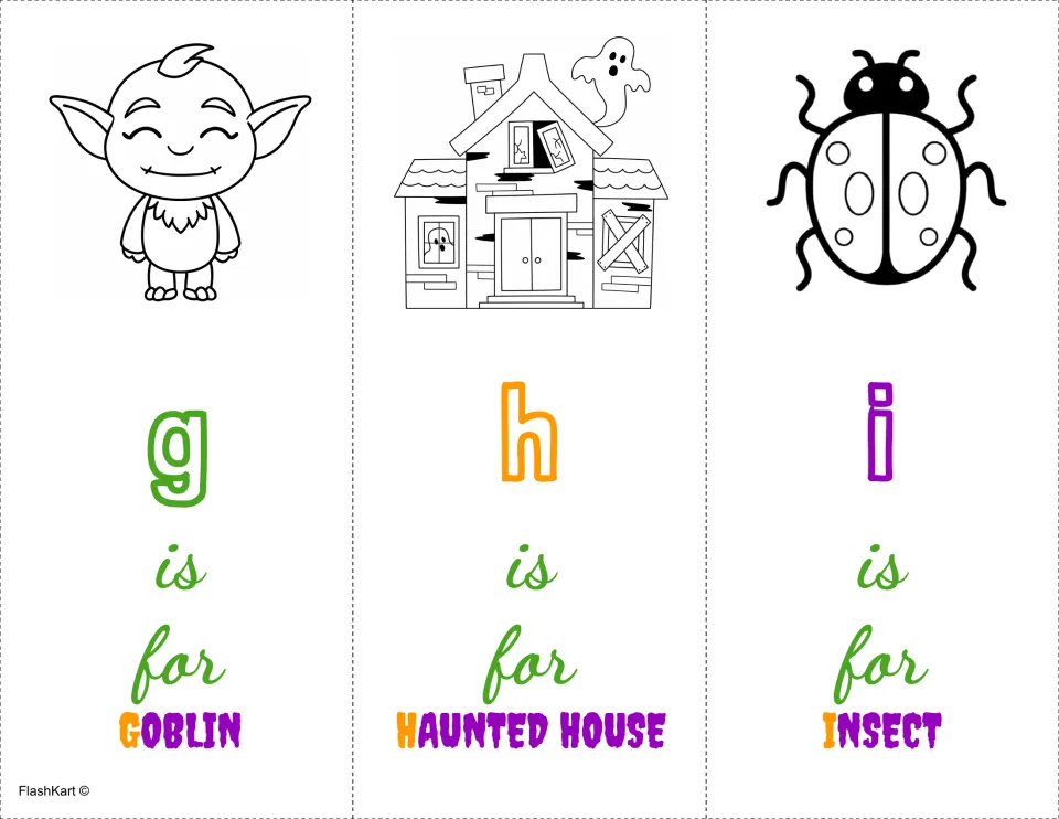 Lowercase g, h, i coloring cards: g is for goblin, h is for haunted house, i is for insect, shown with line drawings