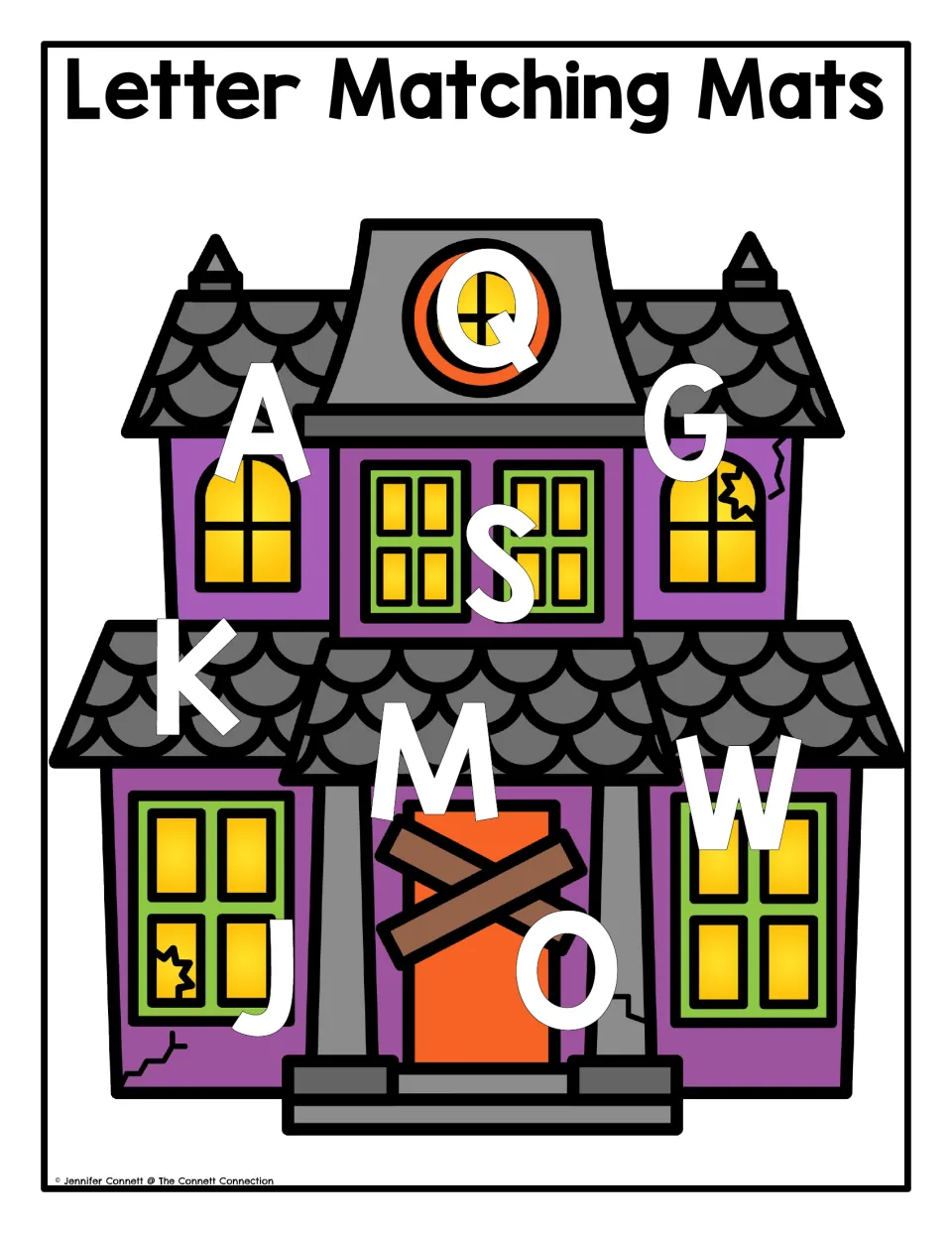 Haunted house uppercase letter matching mat featuring Q, A, G, S, K, M, W, J, and O to cover with magnets