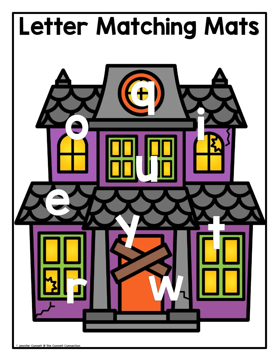Haunted house lowercase letter matching mat featuring q, o, i, u, e, y, t, r, and w to cover with magnets