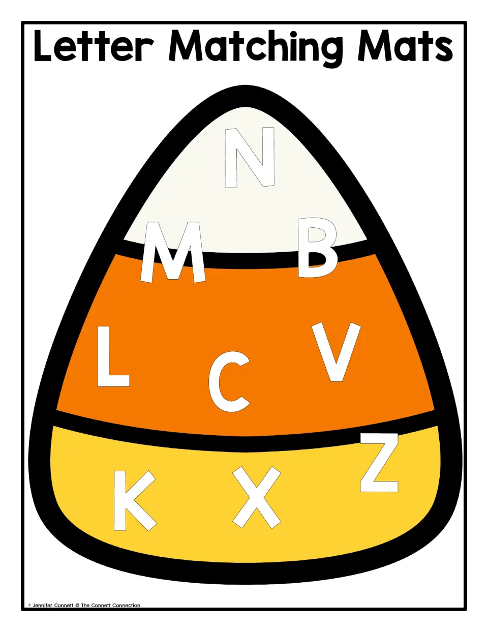 Candy corn uppercase letter matching mat featuring N, M, B, L, C, V, K, X, and Z to cover with magnets