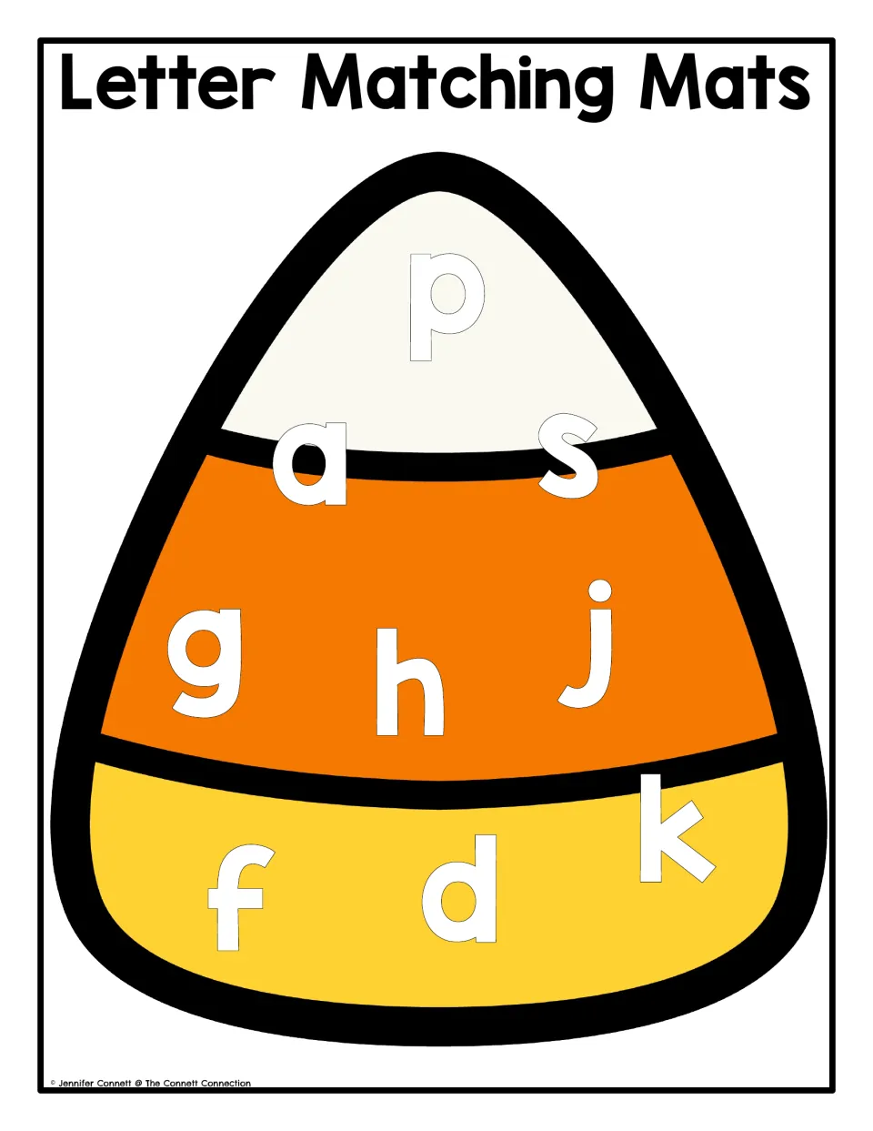 Candy corn lowercase letter matching mat featuring p, a, s, g, h, j, f, d, and k to cover with magnets