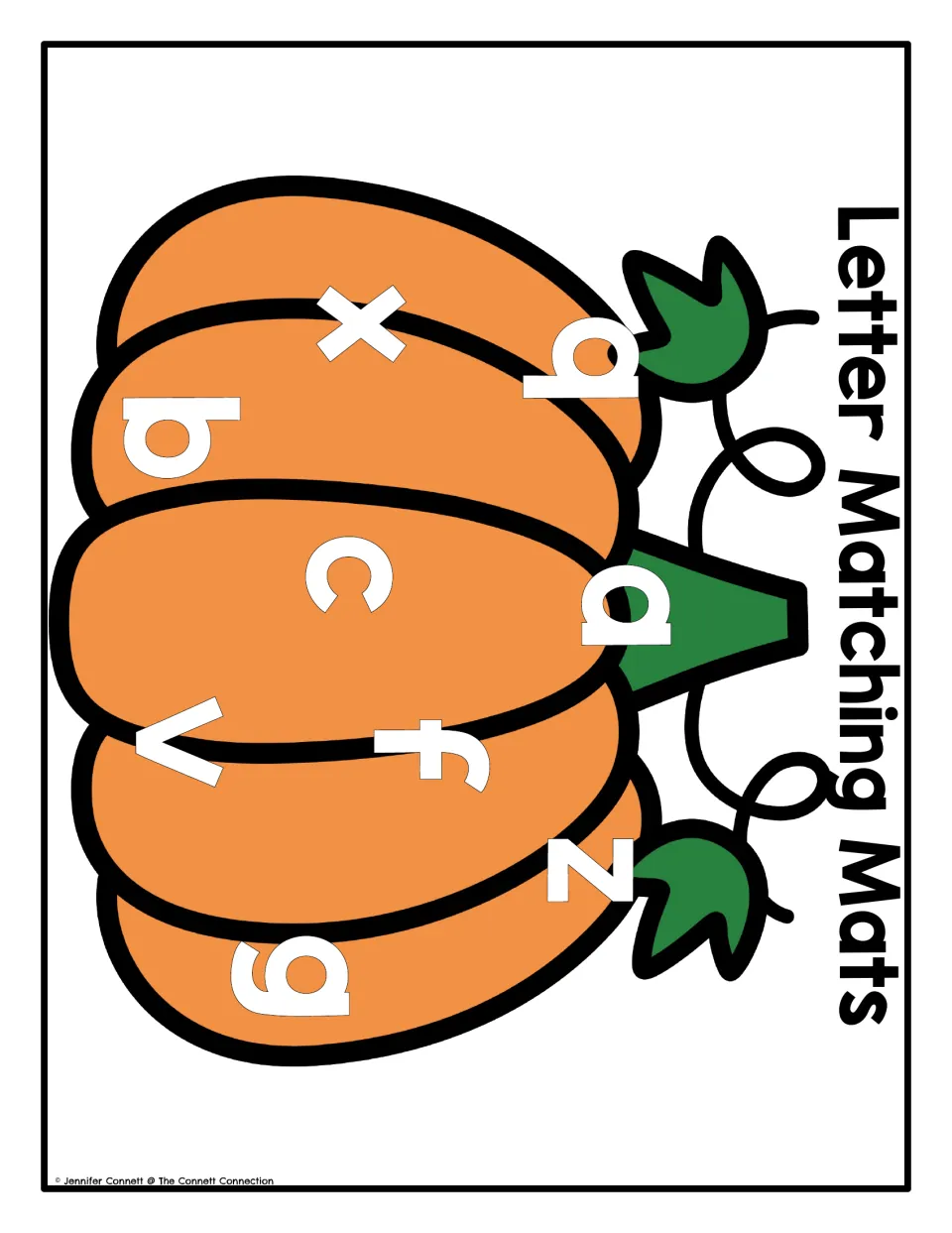 Pumpkin lowercase letter matching mat featuring q, a, z, x, c, f, b, v, and g to cover with magnets