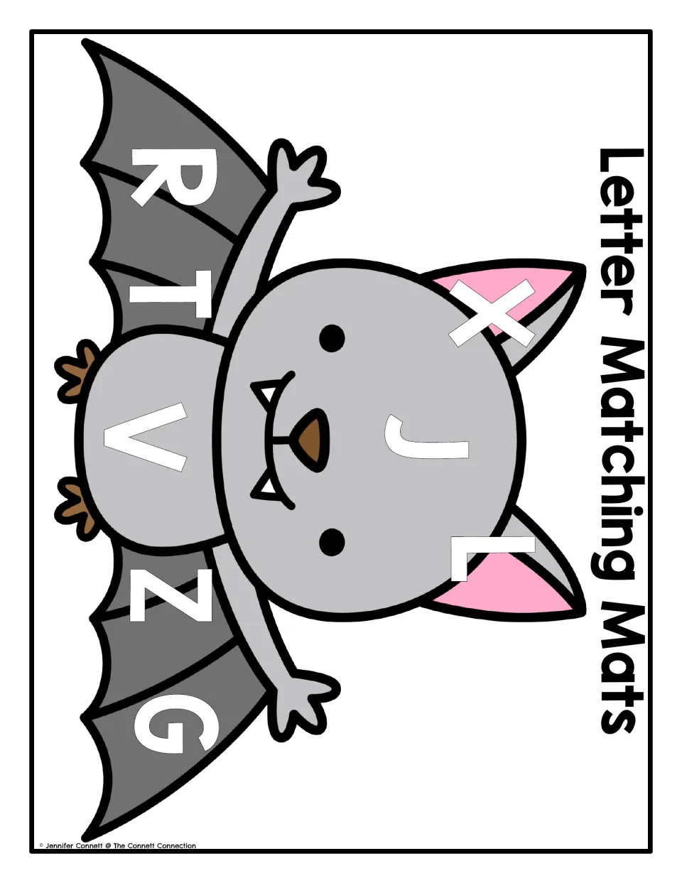 Bat uppercase letter matching mat featuring X, L, J, R, T, V, Z, and G for matching letter magnets