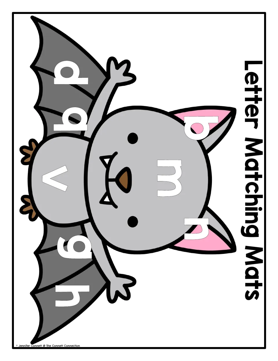 Bat lowercase letter matching mat featuring b, n, m, d, q, v, g, and h for matching letter magnets