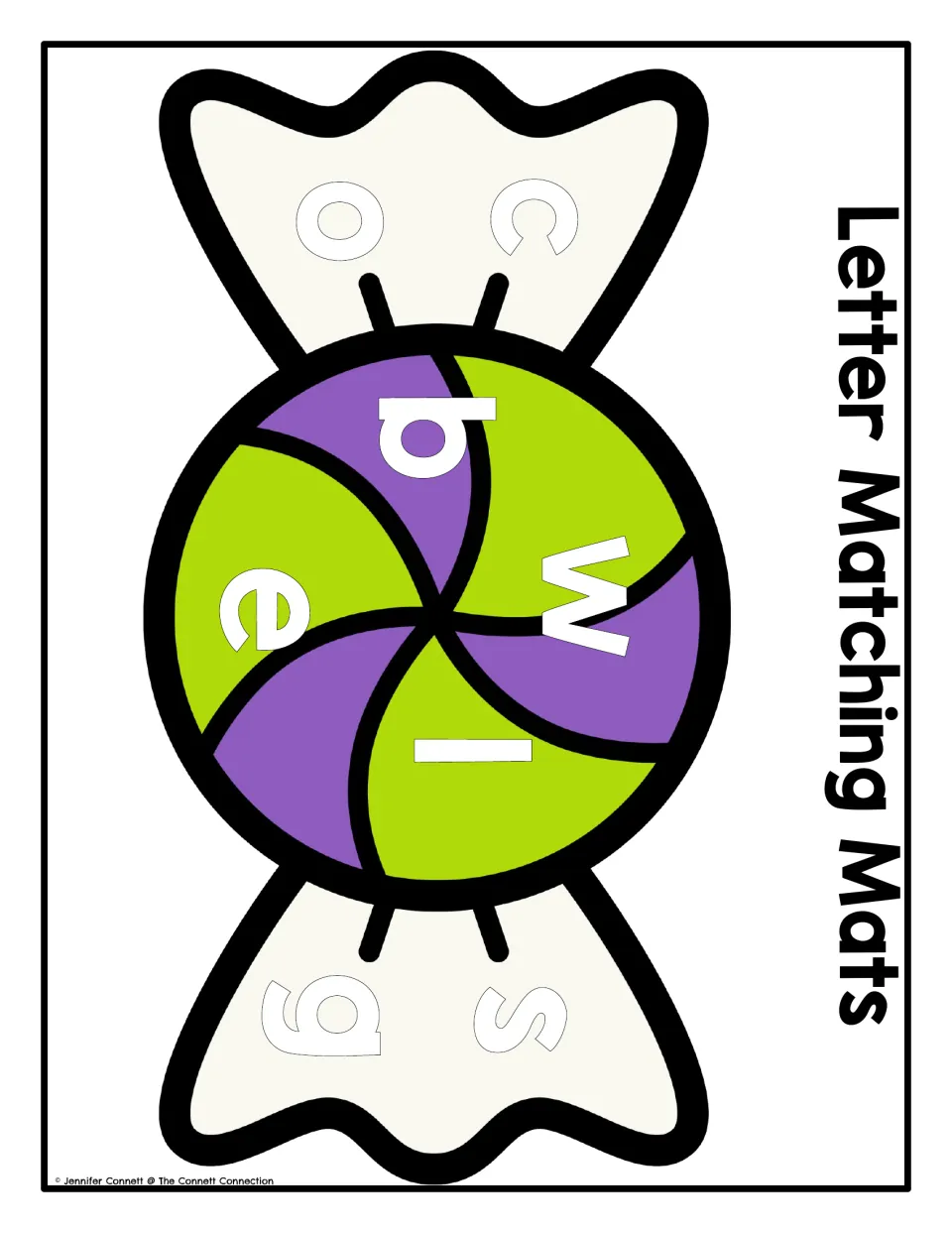 Wrapped candy lowercase letter matching mat featuring c, w, s, b, l, o, e, and g to cover with magnets