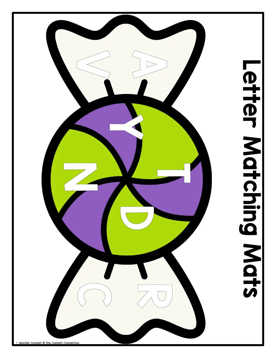 Wrapped candy uppercase letter matching mat featuring A, T, R, Y, D, V, N, and C to cover with magnets