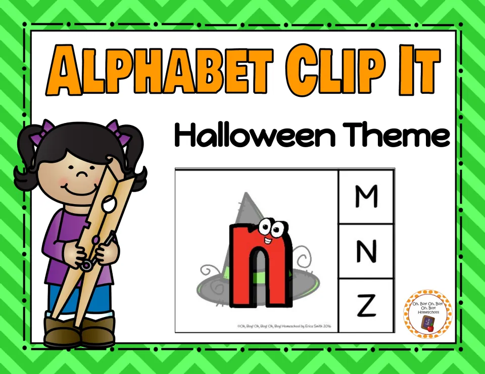 Alphabet Clip It Halloween Theme cover, showing a sample card with lowercase n on a witch hat and choices M, N, Z
