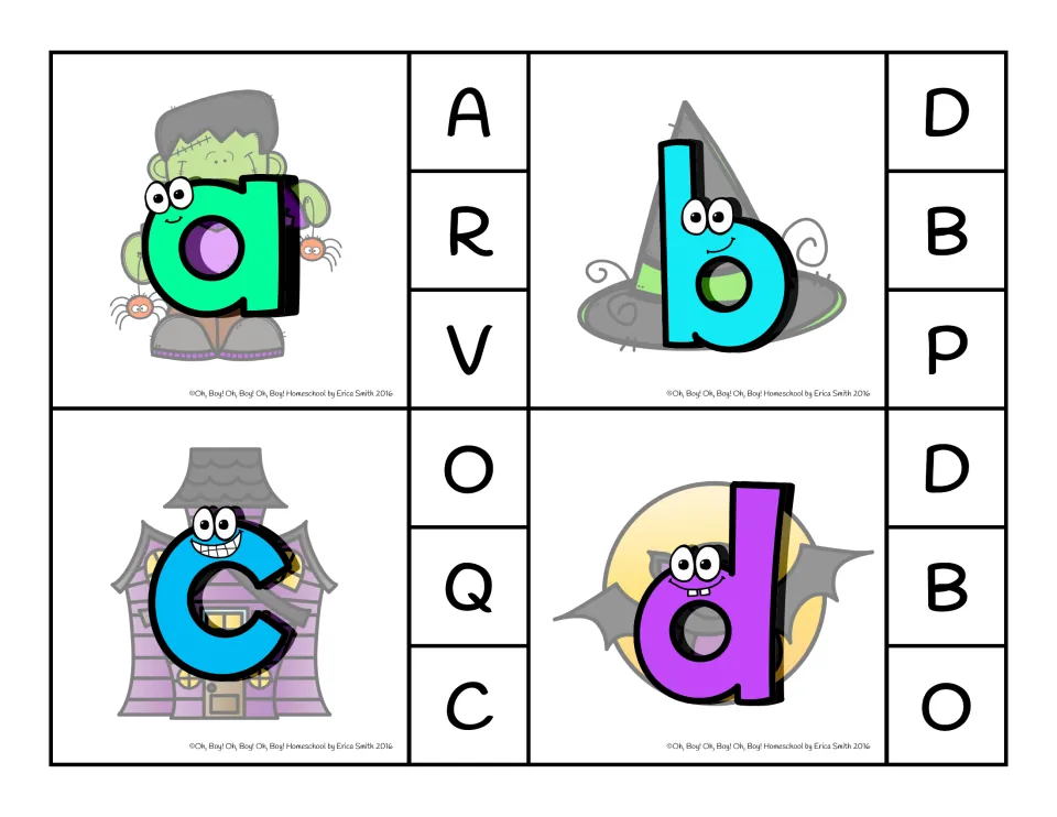 Clip cards 1–4: lowercase a, b, c, d on Halloween pictures, with capital choices A/R/V, D/B/P, O/Q/C, D/B/O