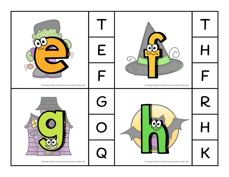 Clip cards 5–8: lowercase e, f, g, h, each with three capital letters to clip: T/E/F, T/H/F, G/O/Q, R/H/K