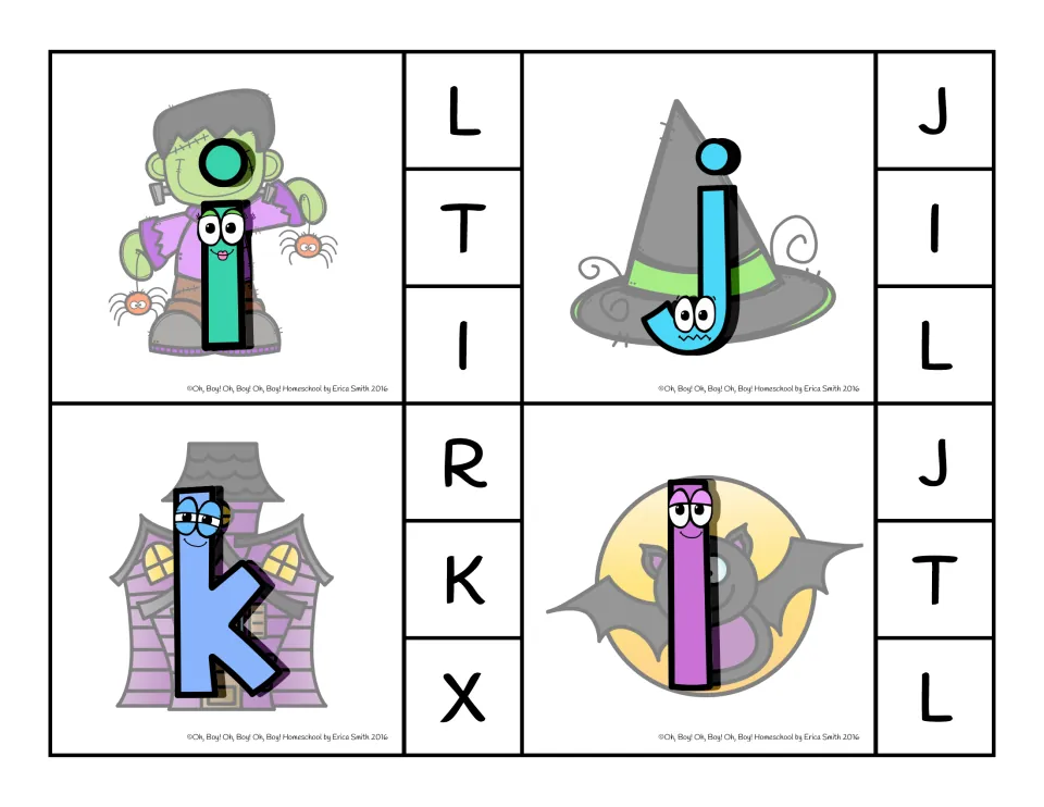 Clip cards 9–12: lowercase i, j, k, l, each with three capital letters to clip: L/T/I, J/I/L, R/K/X, J/T/L