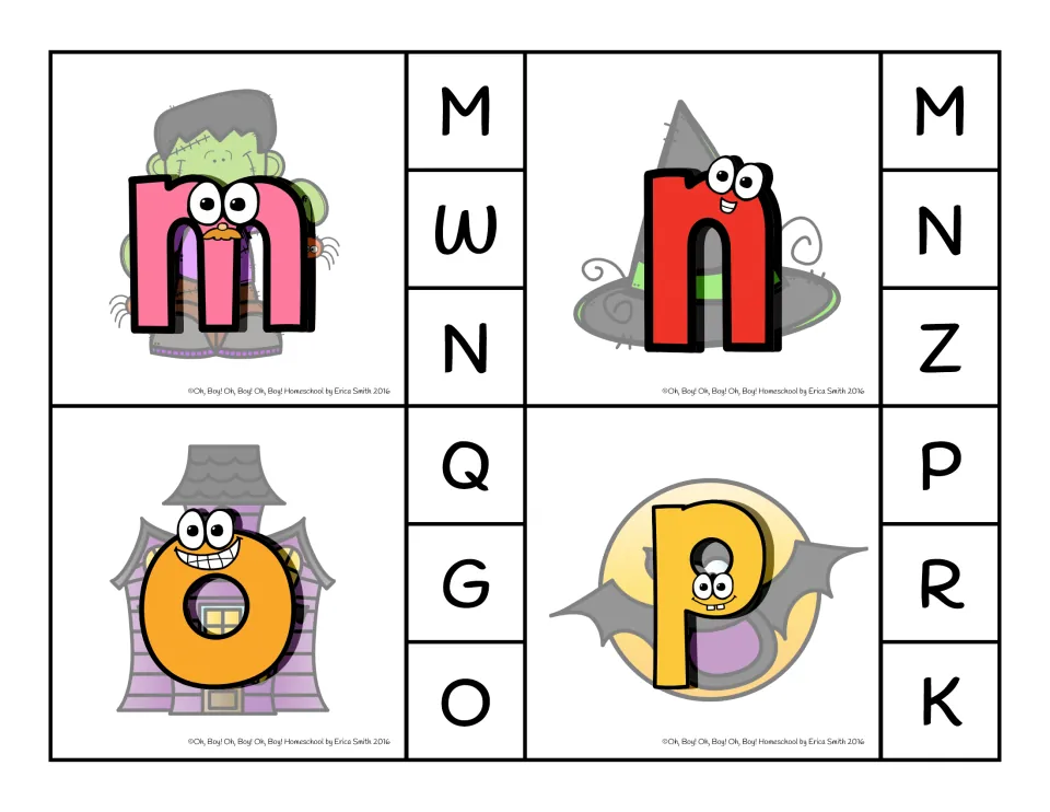 Clip cards 13–16: lowercase m, n, o, p with capital choices M/W/N, M/N/Z, Q/G/O, P/R/K
