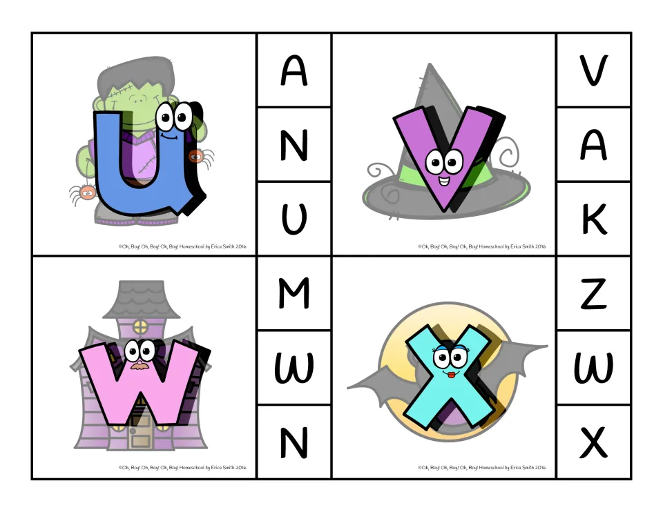 Clip cards 21–24: lowercase u, v, w, x with capital choices A/N/U, V/A/K, M/W/N, Z/W/X