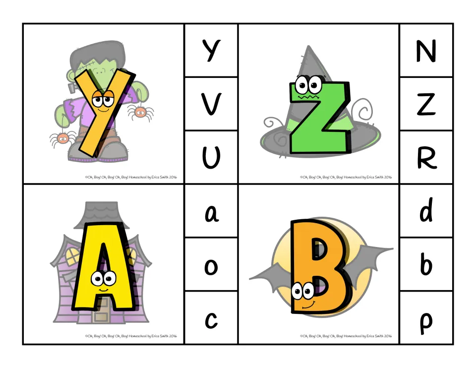 Clip cards 25–28: lowercase y and z with capital choices, then capital A and B with lowercase choices a/o/c, d/b/p