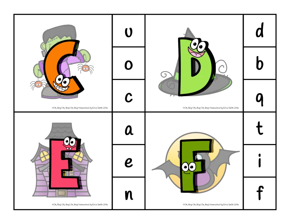 Clip cards 29–32: capital C, D, E, F, each with three lowercase letters to clip: u/o/c, d/b/q, a/e/n, t/i/f