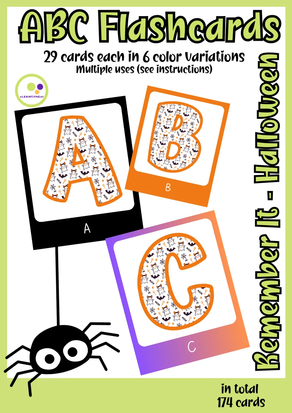 Remember It - Halloween ABC Flashcards cover: 29 letter cards in 6 color variations, 174 cards in total, sample A, B, C