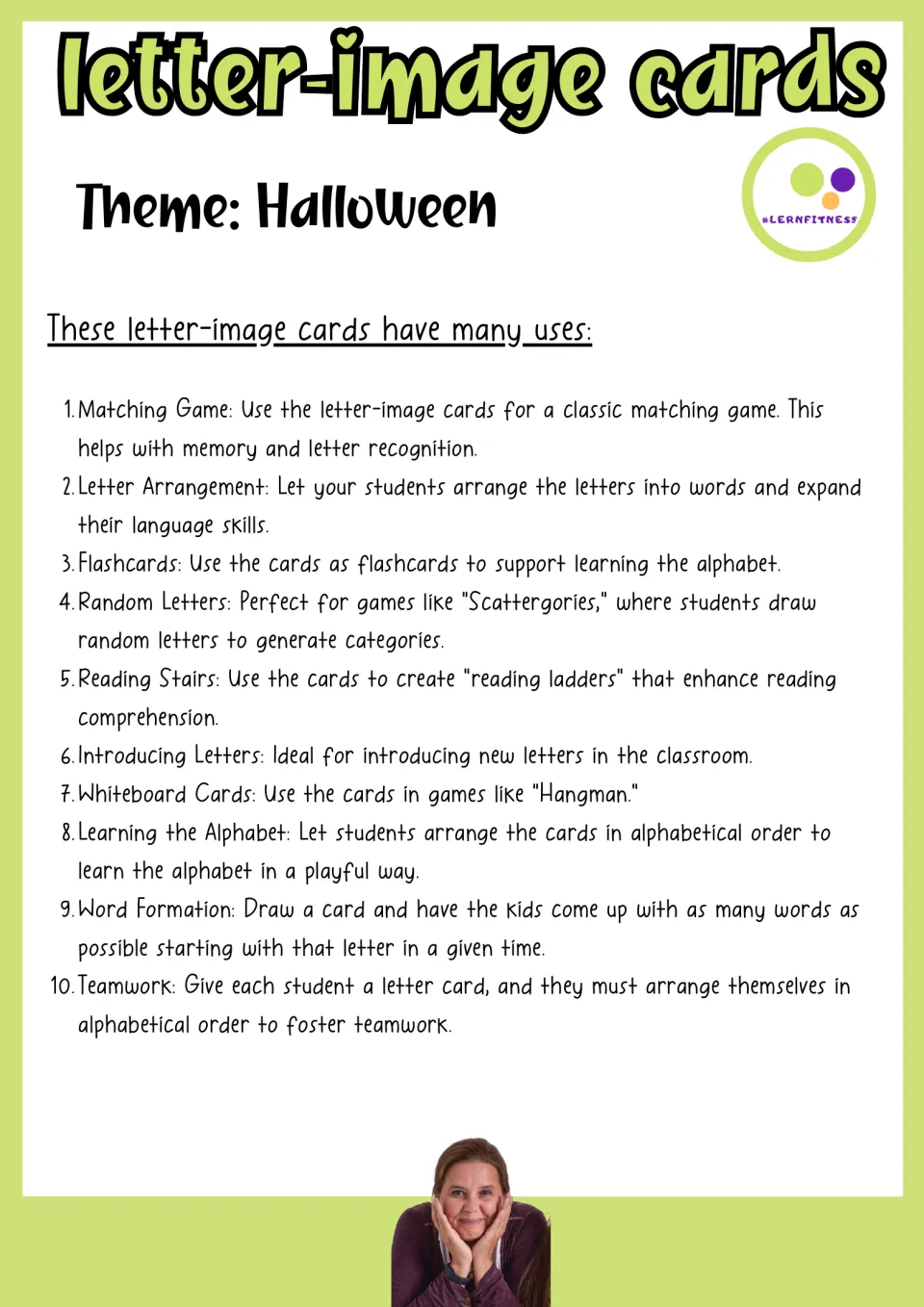 Halloween letter-image cards: ten uses such as matching, flashcards, alphabetical order, Hangman and word formation