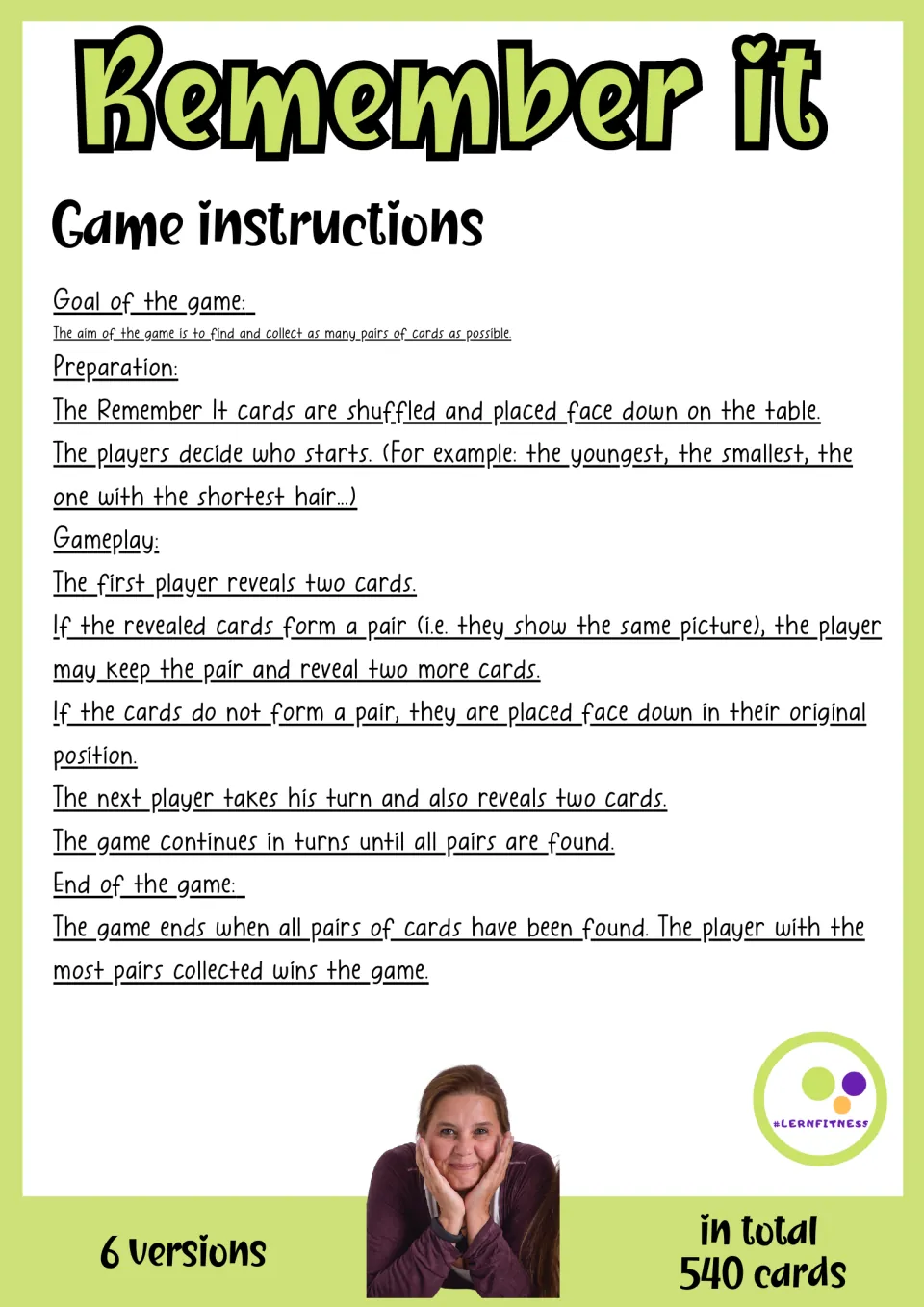Remember It game rules: shuffle cards face down, take turns revealing two cards to find matching pairs; most pairs wins