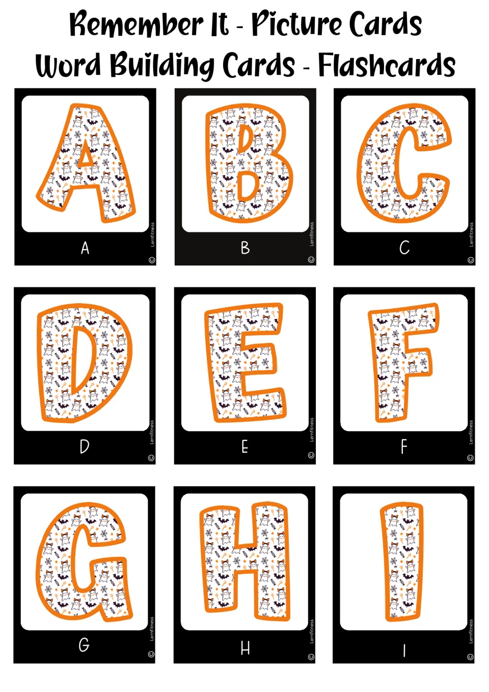 Halloween alphabet cards, black version, letters A to I: each ghost and bat patterned capital is labeled below
