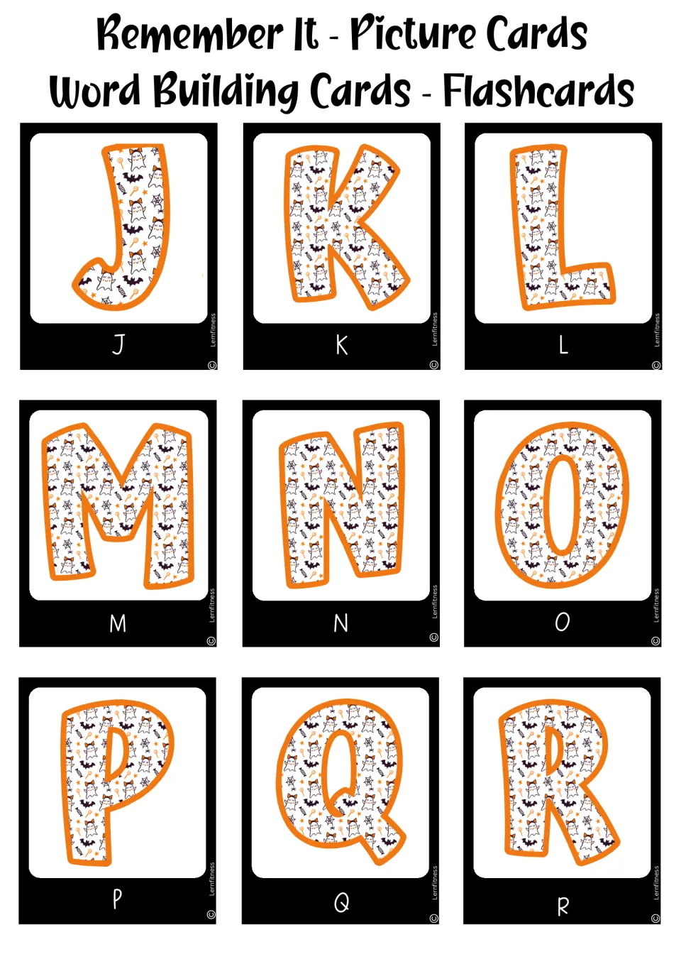 Halloween alphabet cards, black version, letters J to R, ghost-patterned capitals for matching and word building