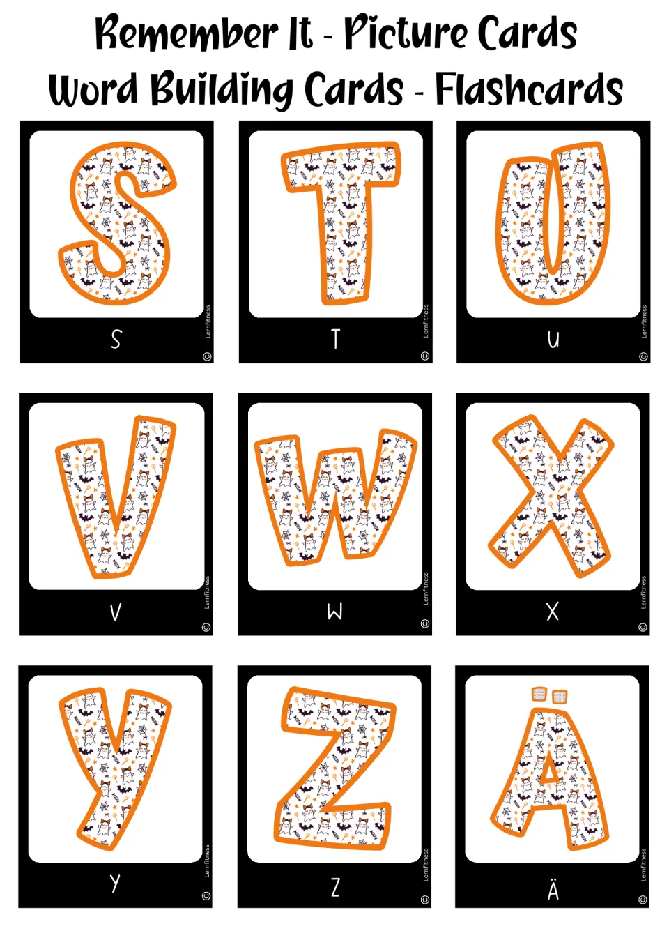 Halloween alphabet cards, black version, S to Z plus German umlaut Ä, each ghost-patterned letter labeled below