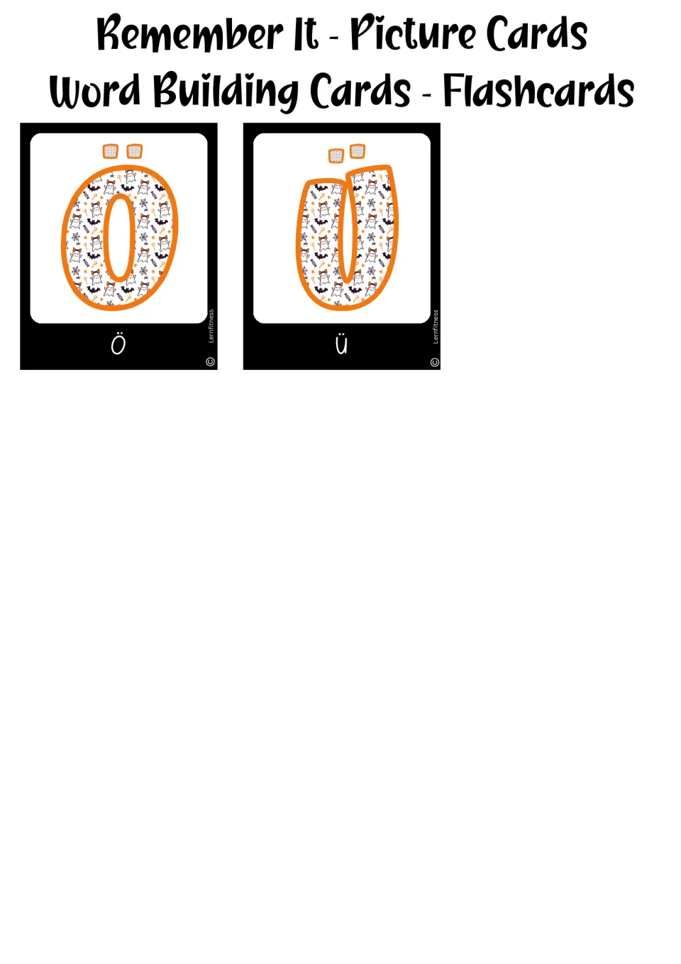 Halloween letter cards, black version: German umlauts Ö and Ü, the last two of the 29-card set