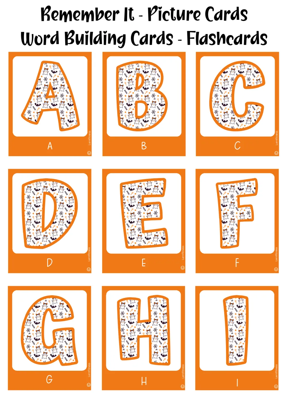 Halloween alphabet cards, orange version, letters A to I: a second color set of the same ghost-patterned letters