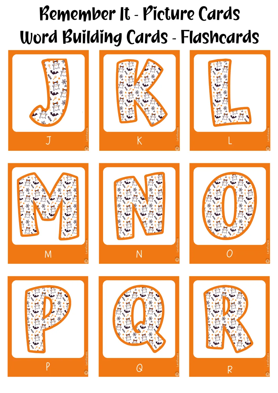 Halloween alphabet cards, orange version, letters J to R, each patterned capital named below for matching