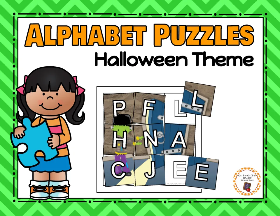Cover of Halloween Alphabet Puzzles, showing letter puzzle pieces matched to a partially completed board