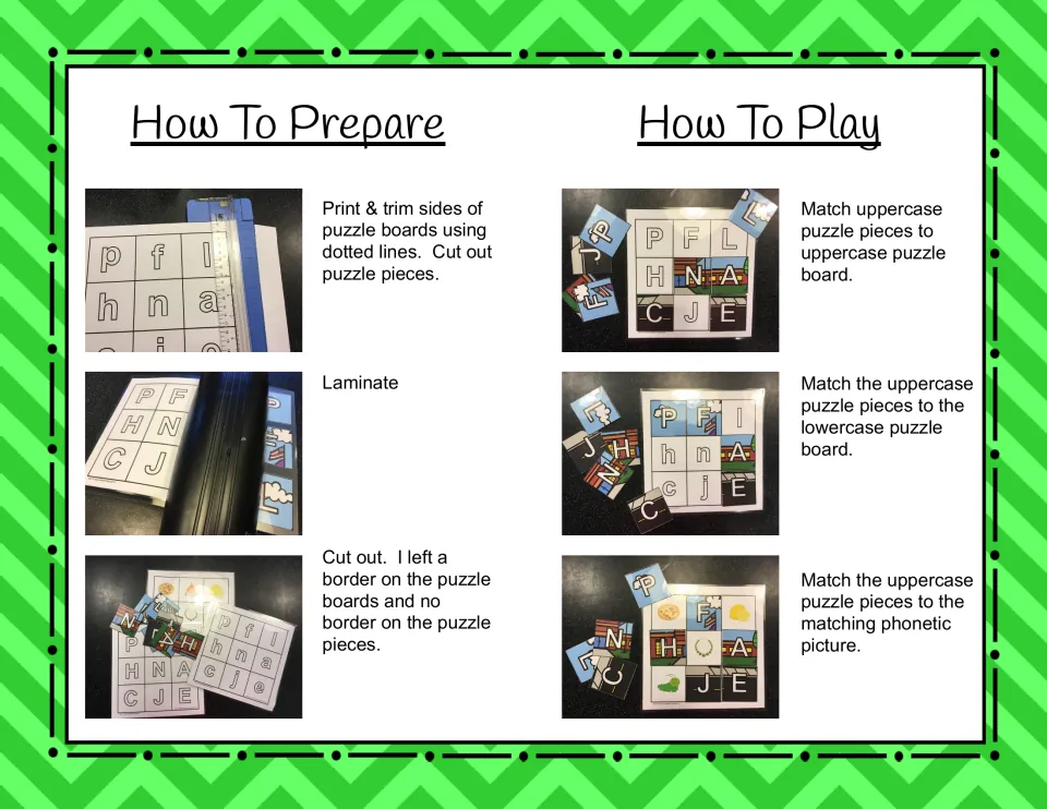 Puzzle preparation and play directions: print, cut, laminate, and match uppercase letters to three board types