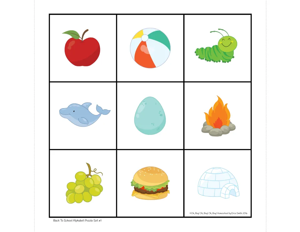 Set 1 beginning-sound puzzle board: apple, ball, caterpillar, dolphin, egg, fire, grapes, hamburger, and igloo